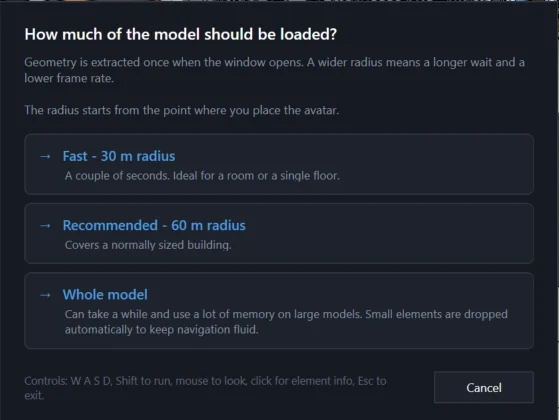 Choosing how much of the model to load before the walkthrough opens