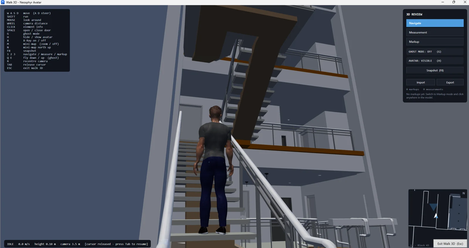 Walking up a stair inside a Revit model, showing collision against the model geometry