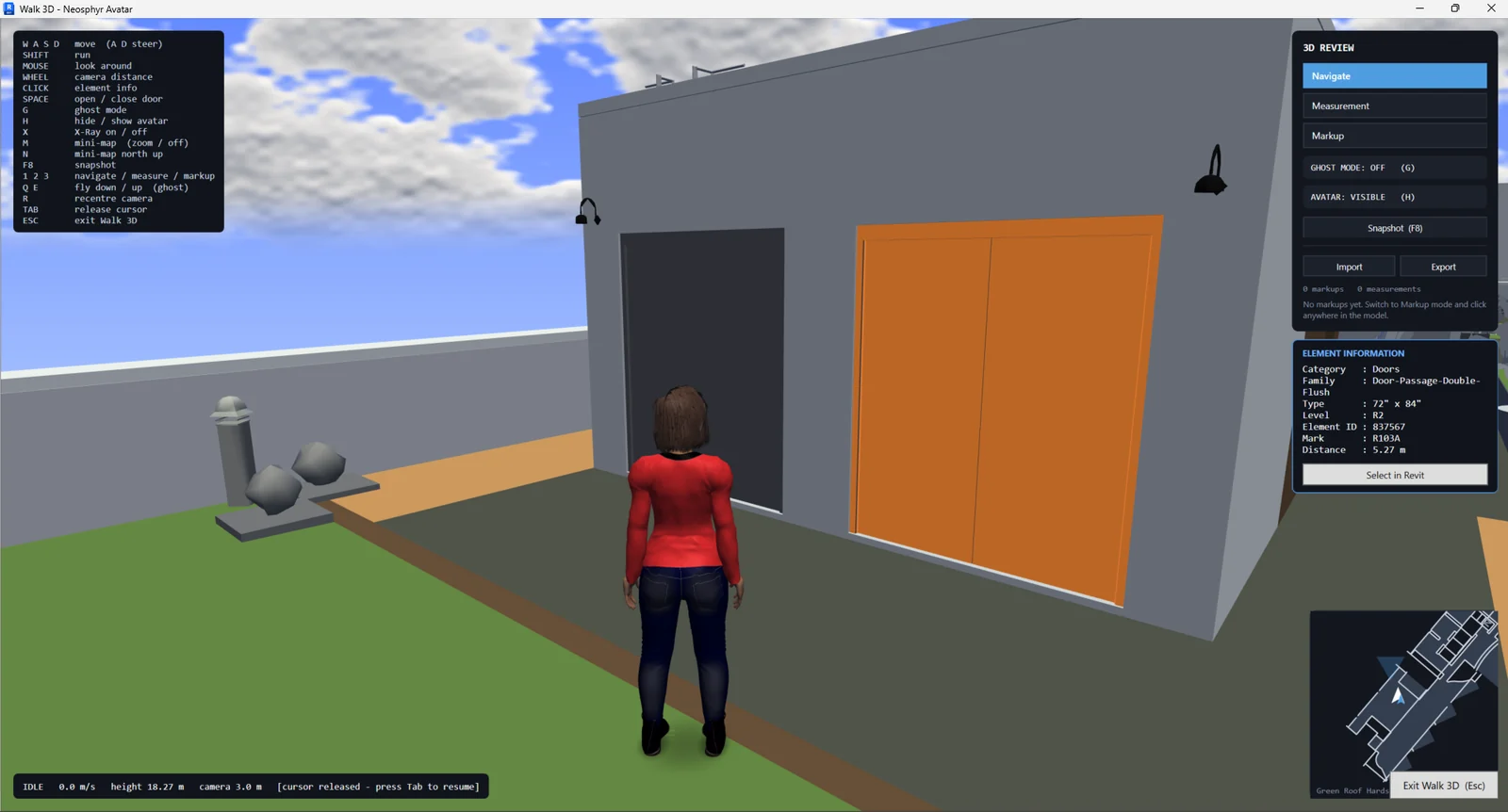 Element information panel showing category, family, type, level and Element ID for a door under the crosshair