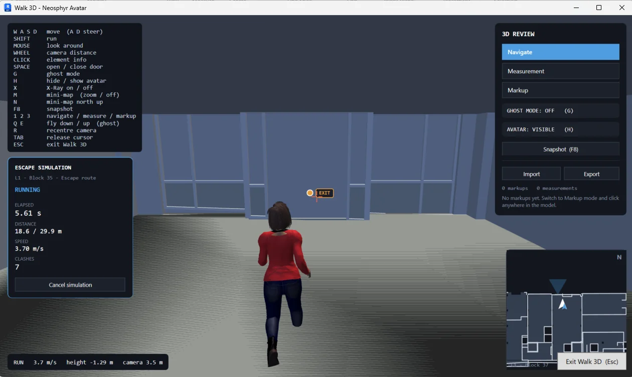 Escape simulation running, with elapsed time, distance, speed and recorded crossings on screen