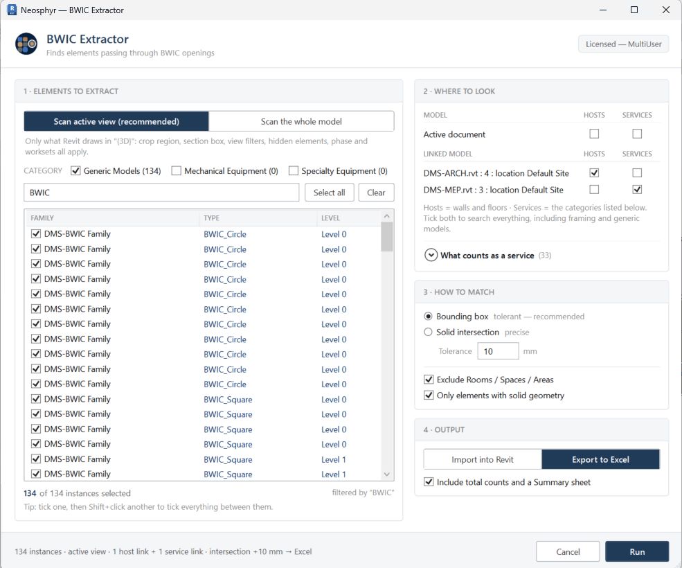 The BWIC Extractor dialog showing scope, matching mode and output choice