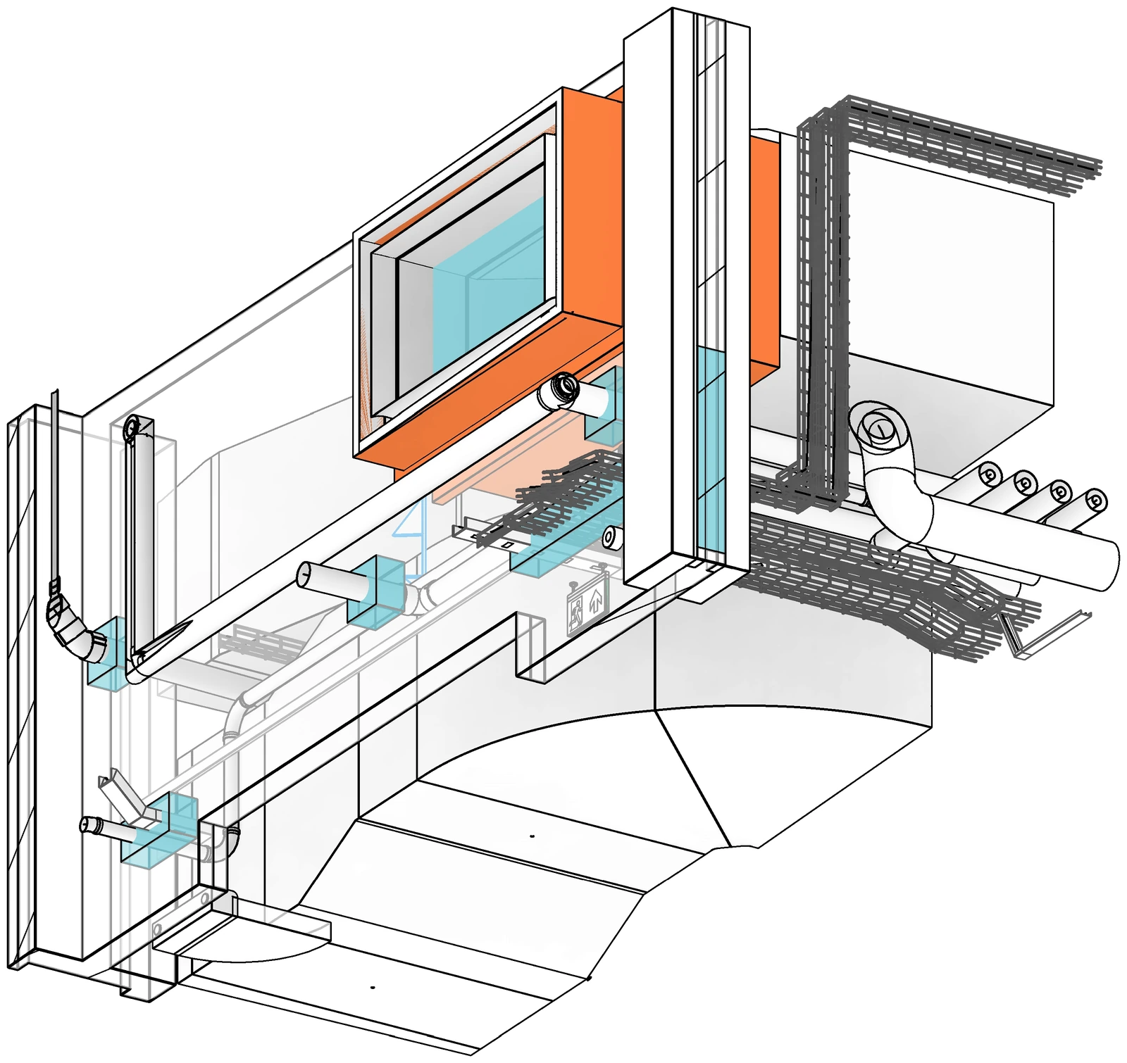 Isometric drawing of a wall and slab junction with ducts, pipes, cable containment and a window, showing services passing through openings