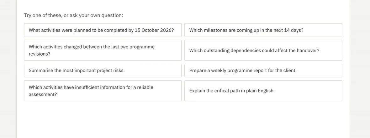 The Programme Assistant, with suggested questions about milestones, risks and the critical path