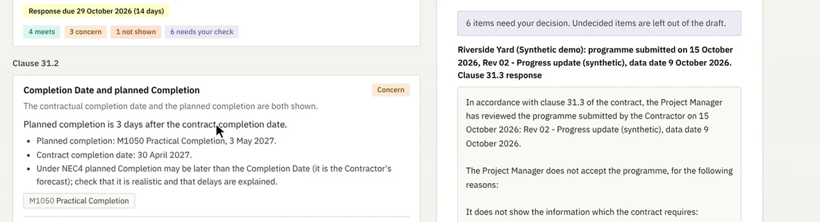 Contract review against NEC4 clause 31.2, with a draft response built from the reviewer's decisions