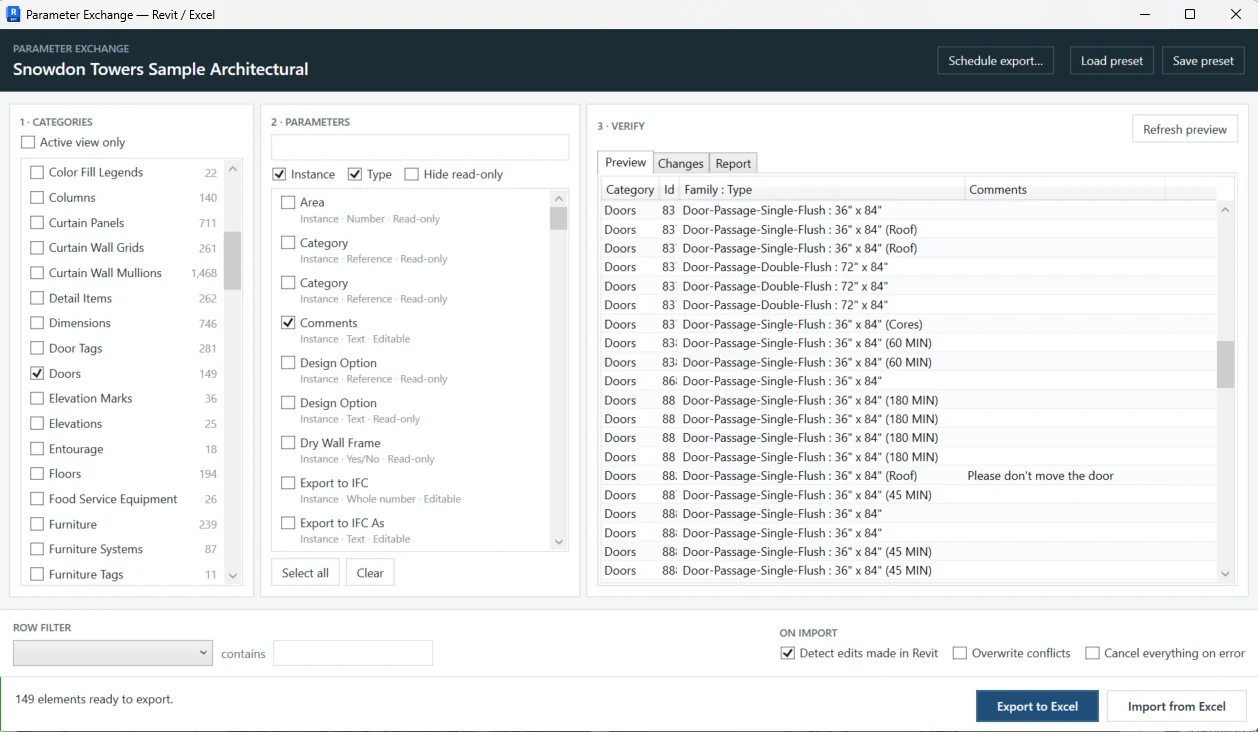 The Parameter Exchange window showing category selection, parameter selection and the export preview